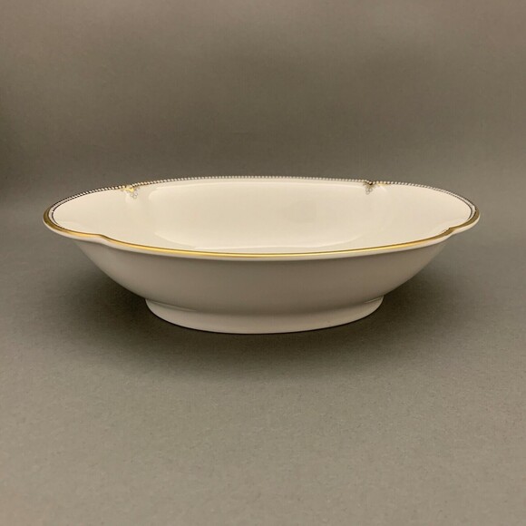 Royal Bayreuth Oval Serving Bowl Black Geometric Dots Gold Trim Scalloped Edge - Picture 1 of 8